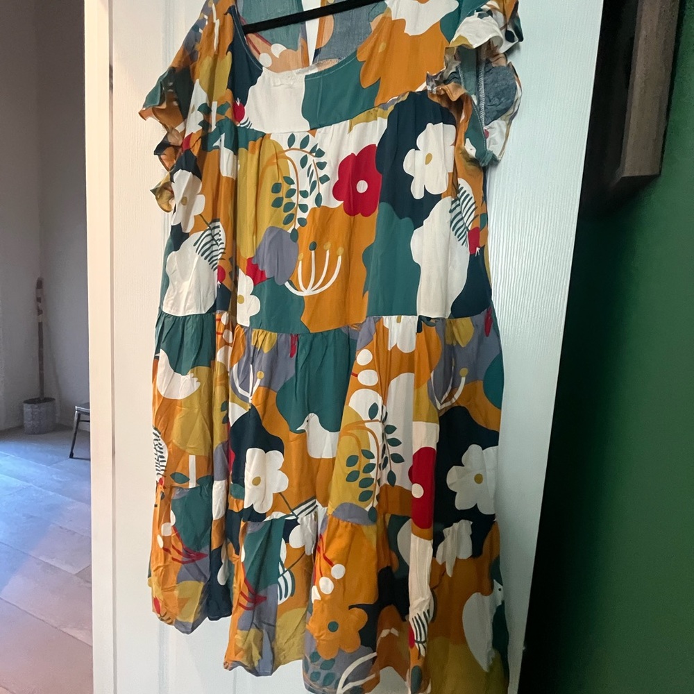 NWOT First Love Multicolor Floral Tiered Dress in Mustard, Teal, White & Red